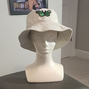 Beige Bucket Hat with Green Butterfly Patch